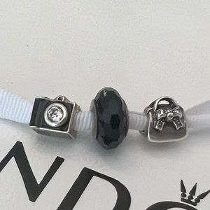 PANDORA Set of Charms (3): “Sparkling Handbag”, “Black Murano”, “Vintage Camera”